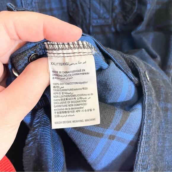 INC Men's Blue Plaid Button Down with Leather Accents Size XXL - Picture 11 of 14
